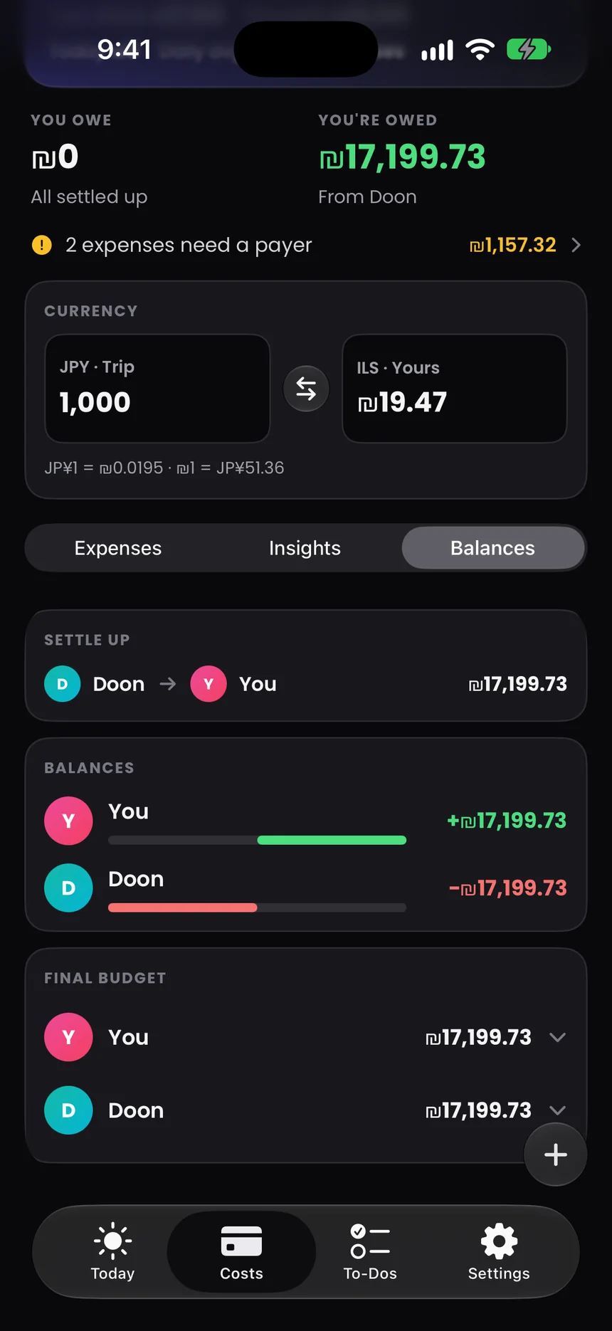 Balances: Doon pays you ₪17,199.73.