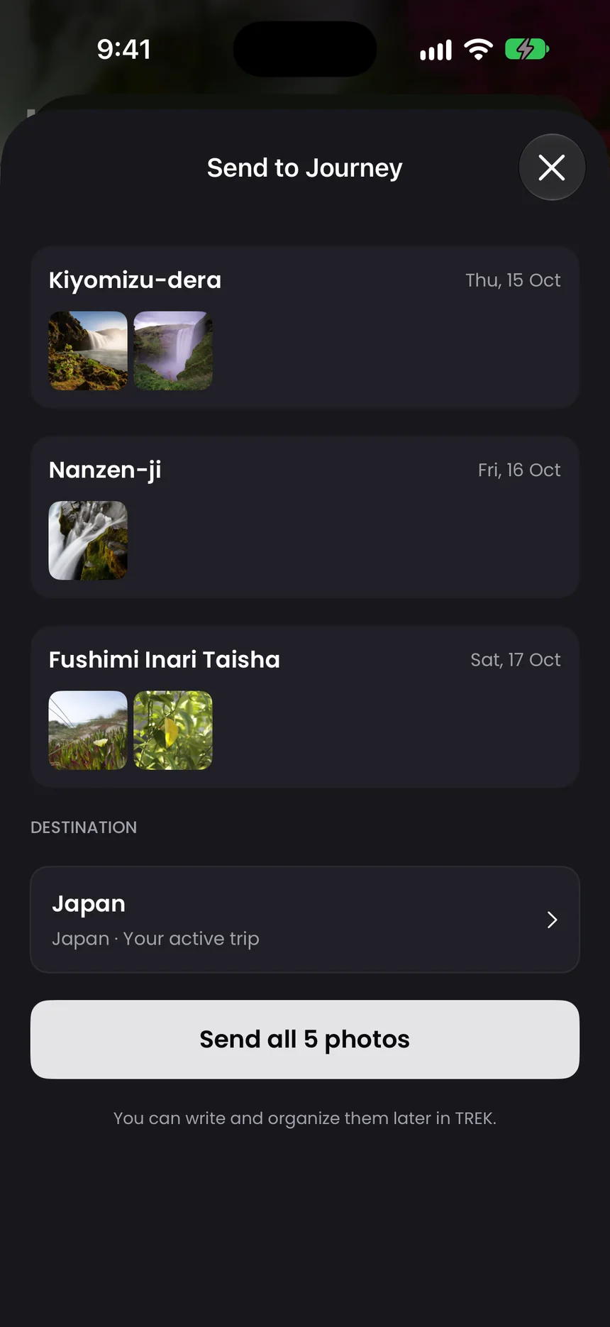 Send to Journey: photos grouped under Kiyomizu-dera, Nanzen-ji and Fushimi Inari Taisha.