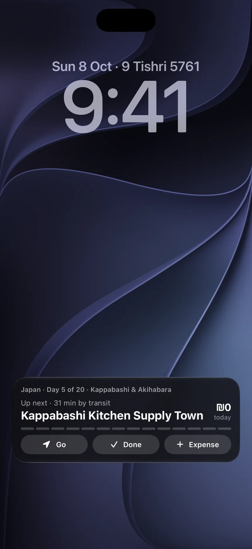 Lock Screen with a Waypoint Live Activity showing the next stop.
