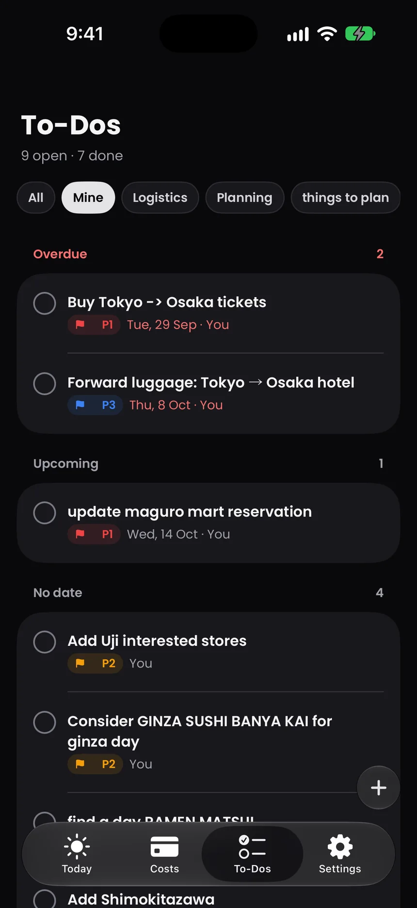 To-Dos: overdue, upcoming and undated tasks for the trip.