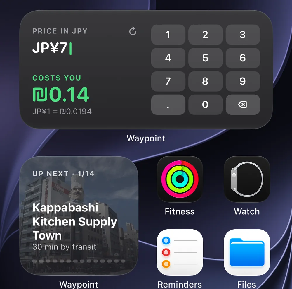 Home Screen with the Waypoint converter widget and the Up Next widget.